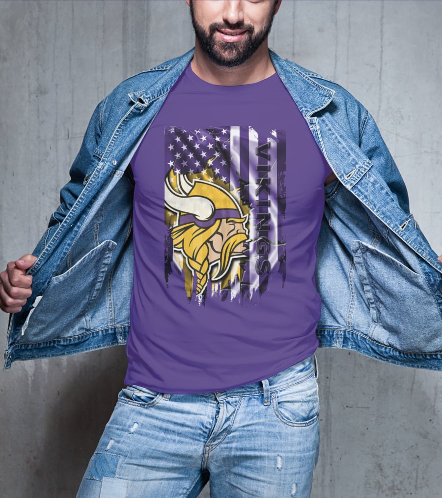 Minnesota Vikings American Flag Stars Stripes Purple Gold Viking Head T-Shirt