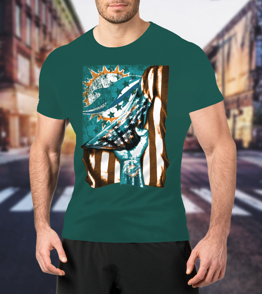 Miami Dolphins American Flag Hand Holding T-Shirt