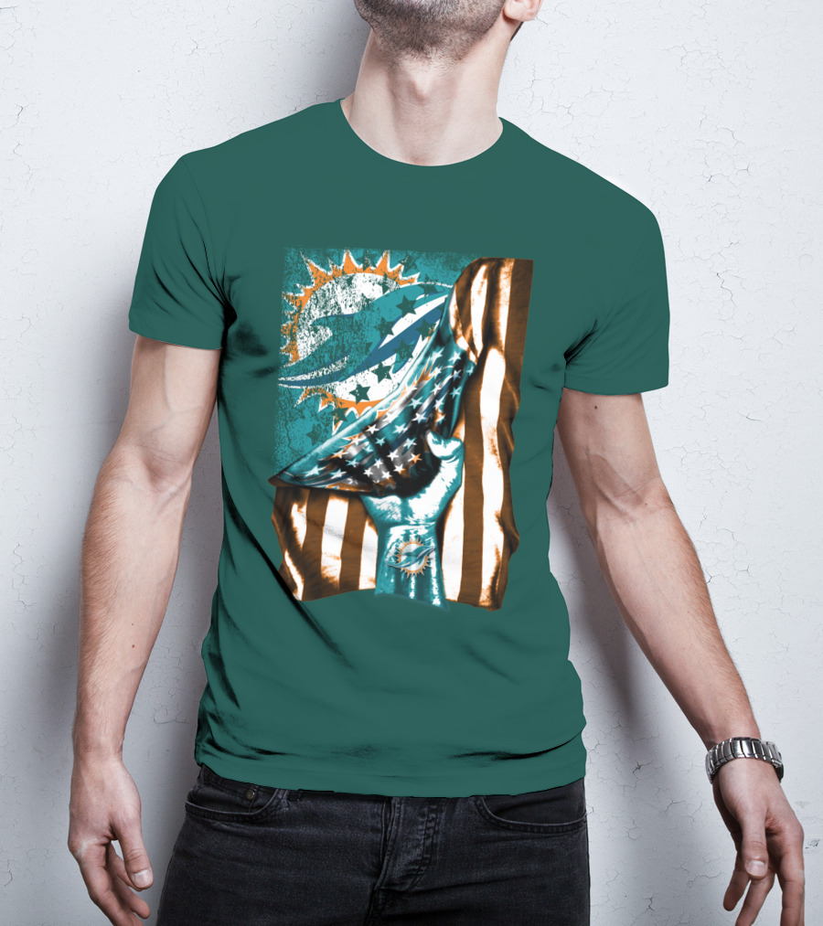Miami Dolphins American Flag Hand Holding T-Shirt