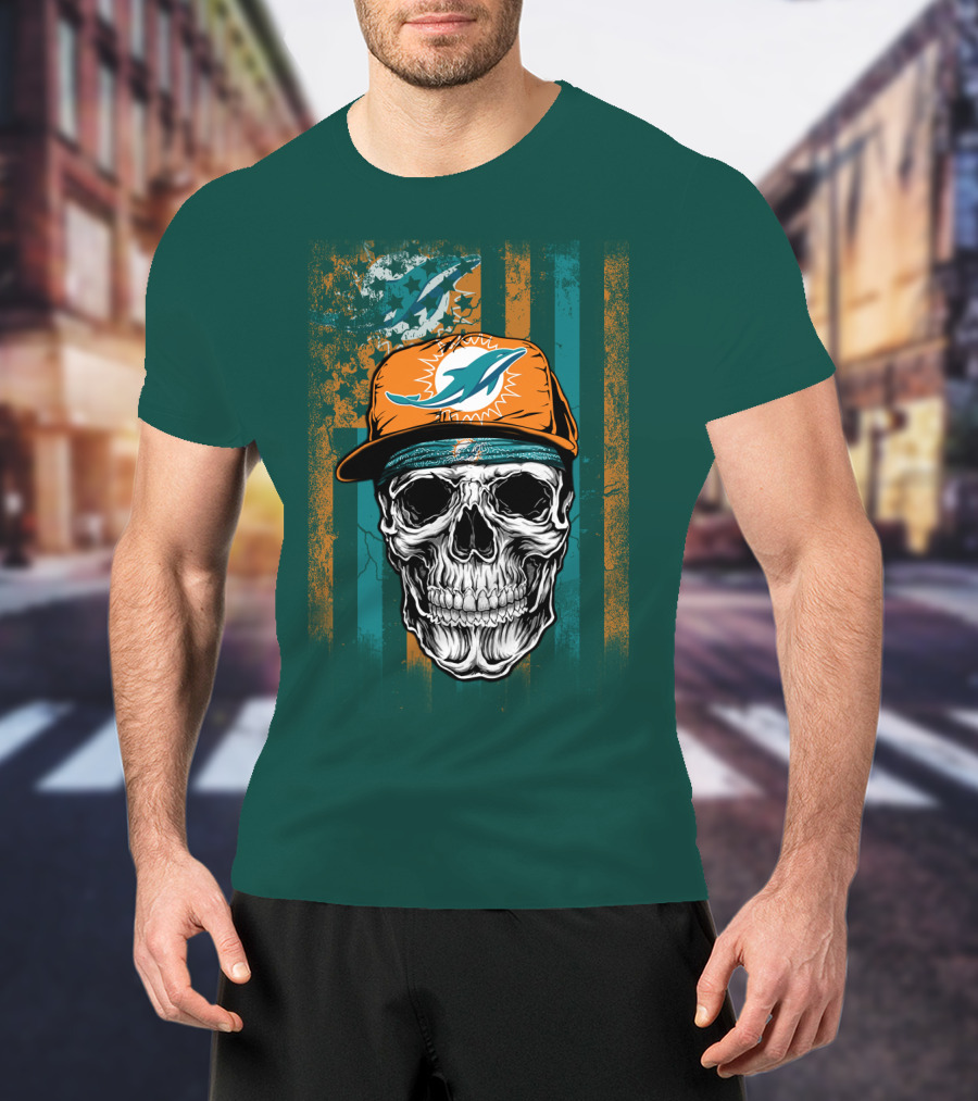 Miami Dolphins Skull With Cap And Logo In Orange And Teal Grunge Style T-Shirt