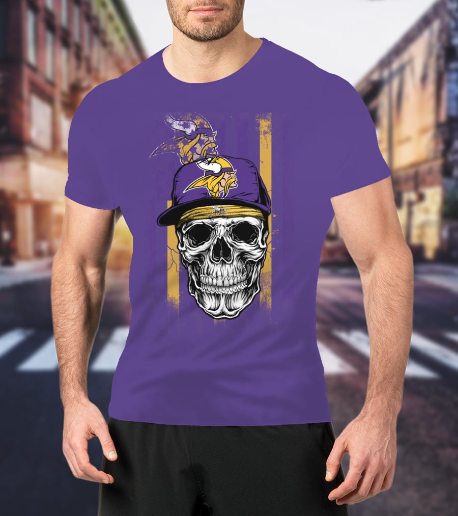 Minnesota Vikings Skull With Cap And Logo On Purple T-Shirt
