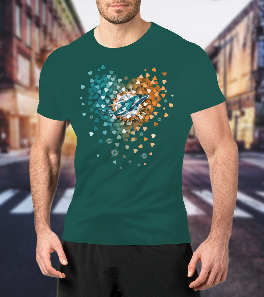 Miami Dolphins Heart Logo With Multicolor Hearts T-Shirt