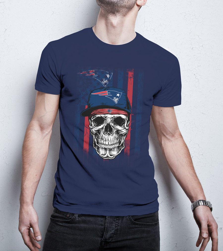 New England Patriots Skull With Cap And Red Blue Stripes T-Shirt