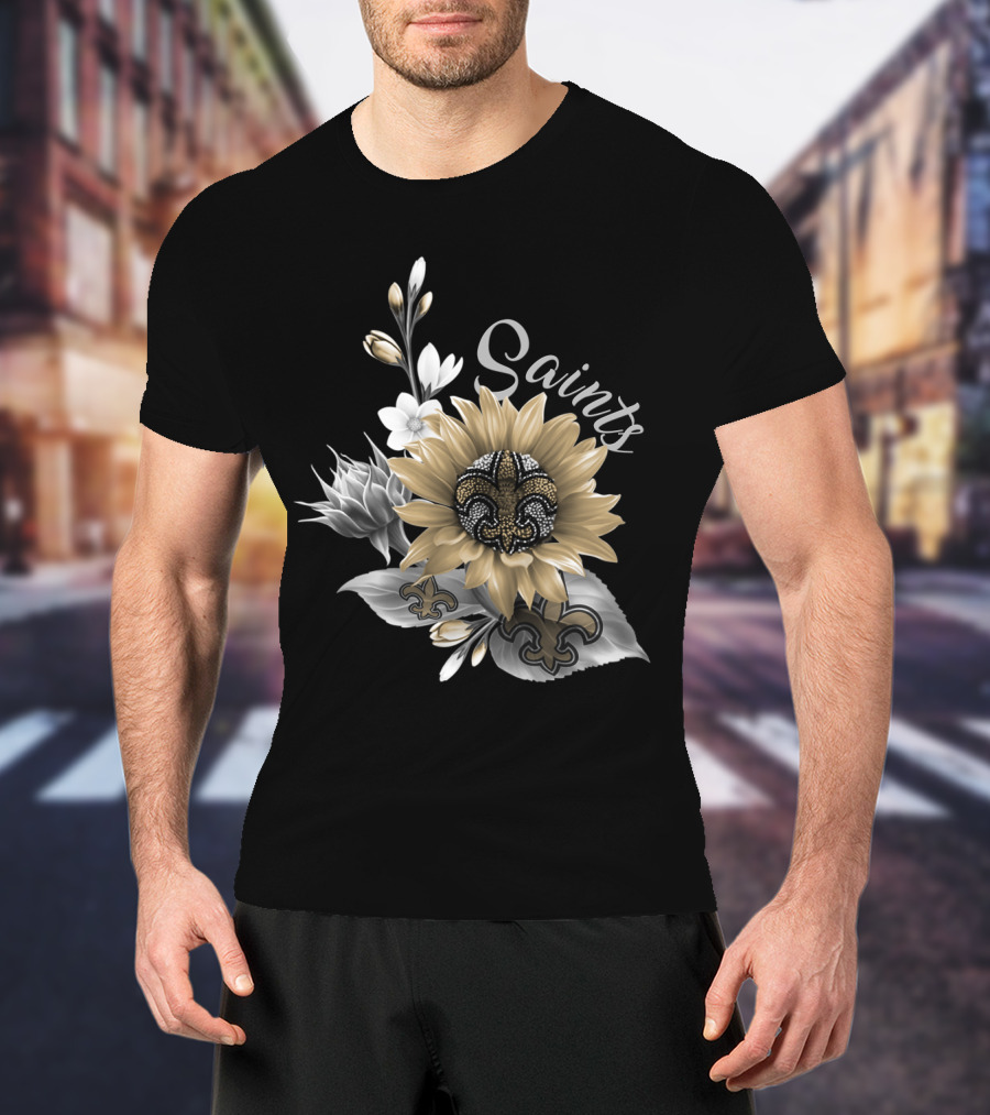 Saints Black And Gold Fleur-De-Lis Floral T-Shirt