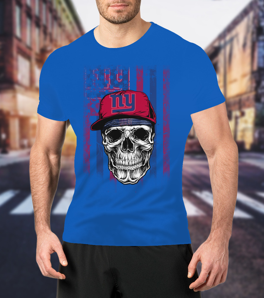 Ny Giants Skull With Red Cap On Blue T-Shirt