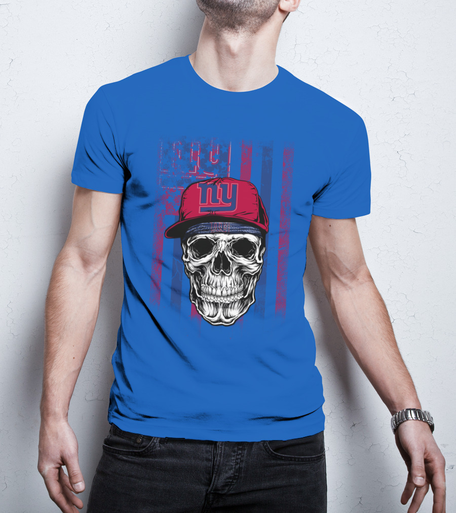 Ny Giants Skull With Red Cap On Blue T-Shirt