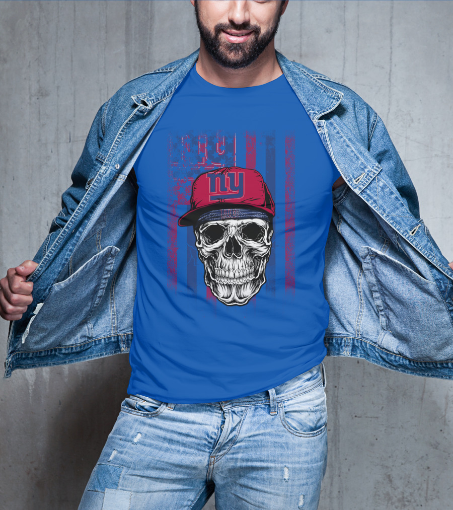 Ny Giants Skull With Red Cap On Blue T-Shirt