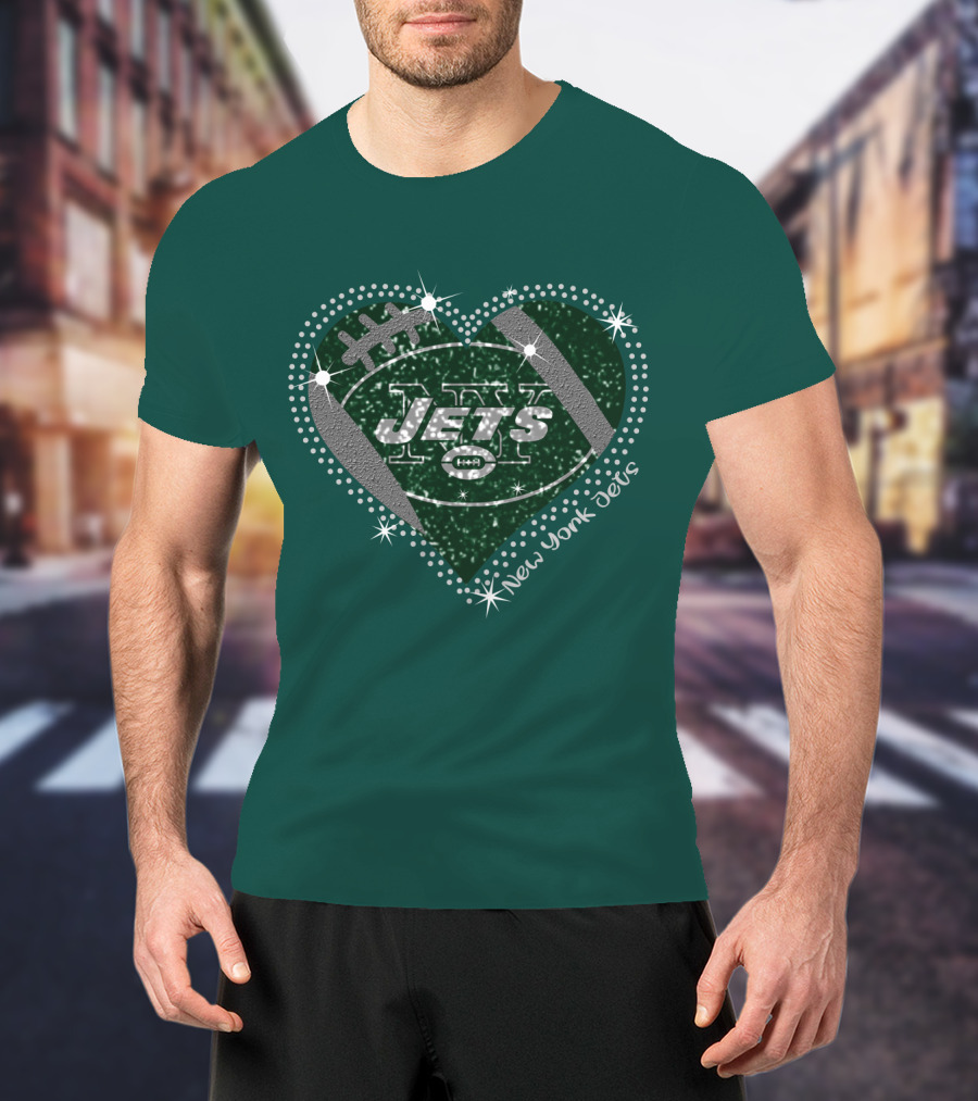 New York Jets Heart Football Sparkle T-Shirt