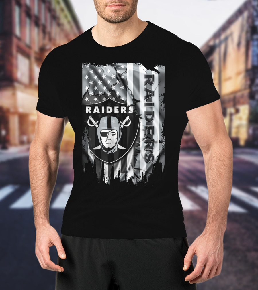Raiders Nfl Logo With Black And White American Flag T-Shirt