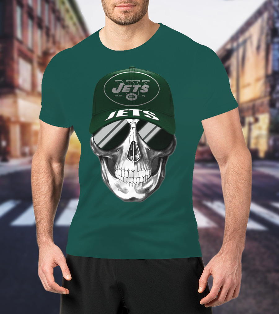 New York Jets Skull With Cap And Sunglasses T-Shirt