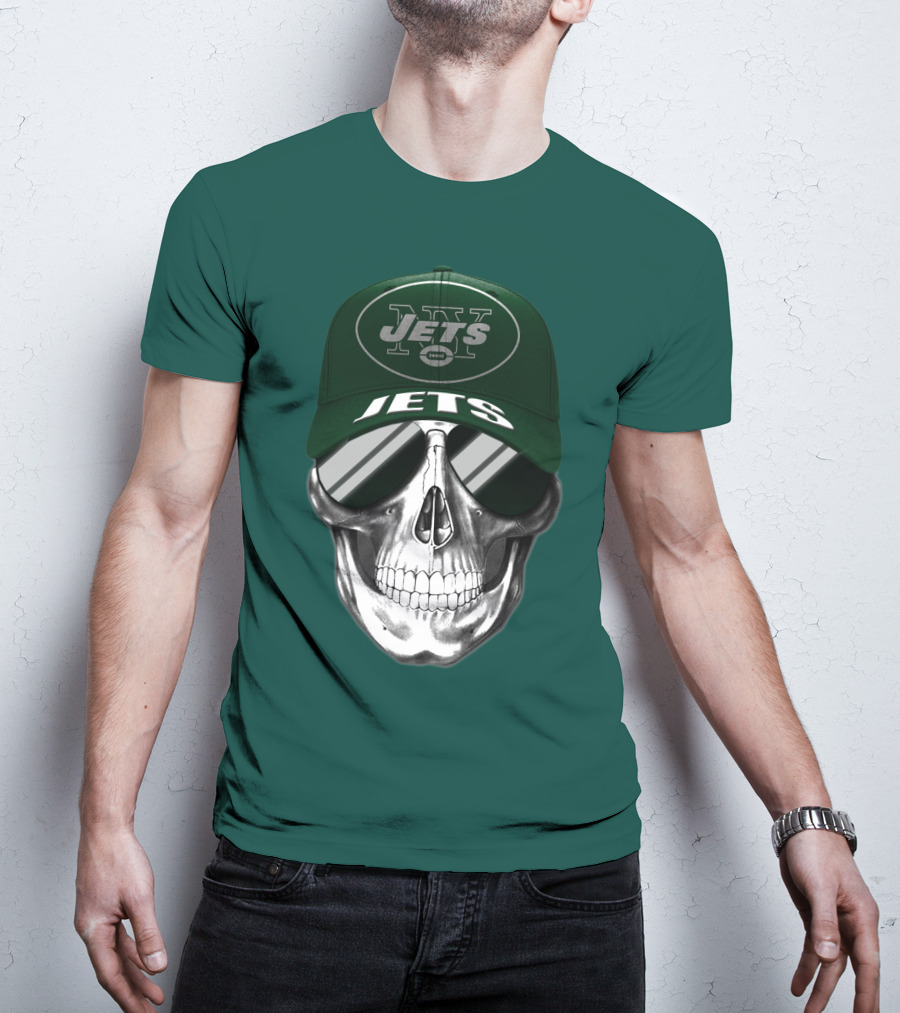 New York Jets Skull With Cap And Sunglasses T-Shirt