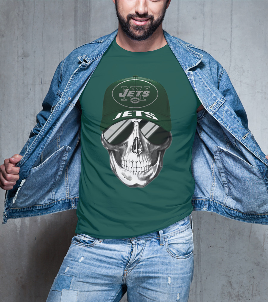 New York Jets Skull With Cap And Sunglasses T-Shirt