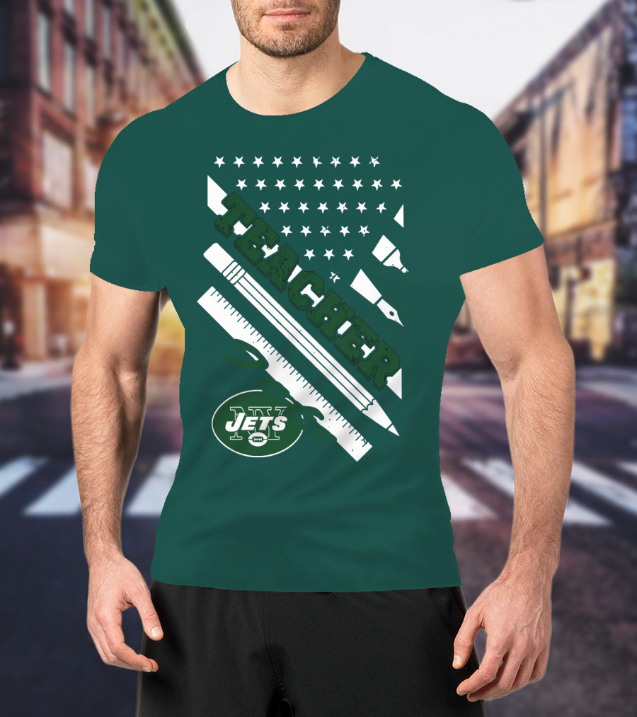 New York Jets Teacher Football Enthusiast American Flag And School Supplies T-Shirt