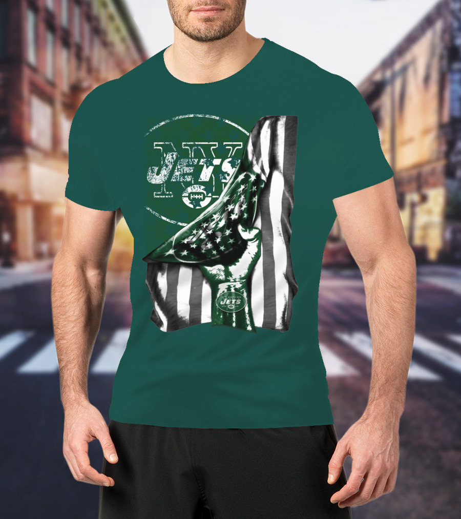 New York Jets Logo With Green And White American Flag And Number One Foam Finger T-Shirt