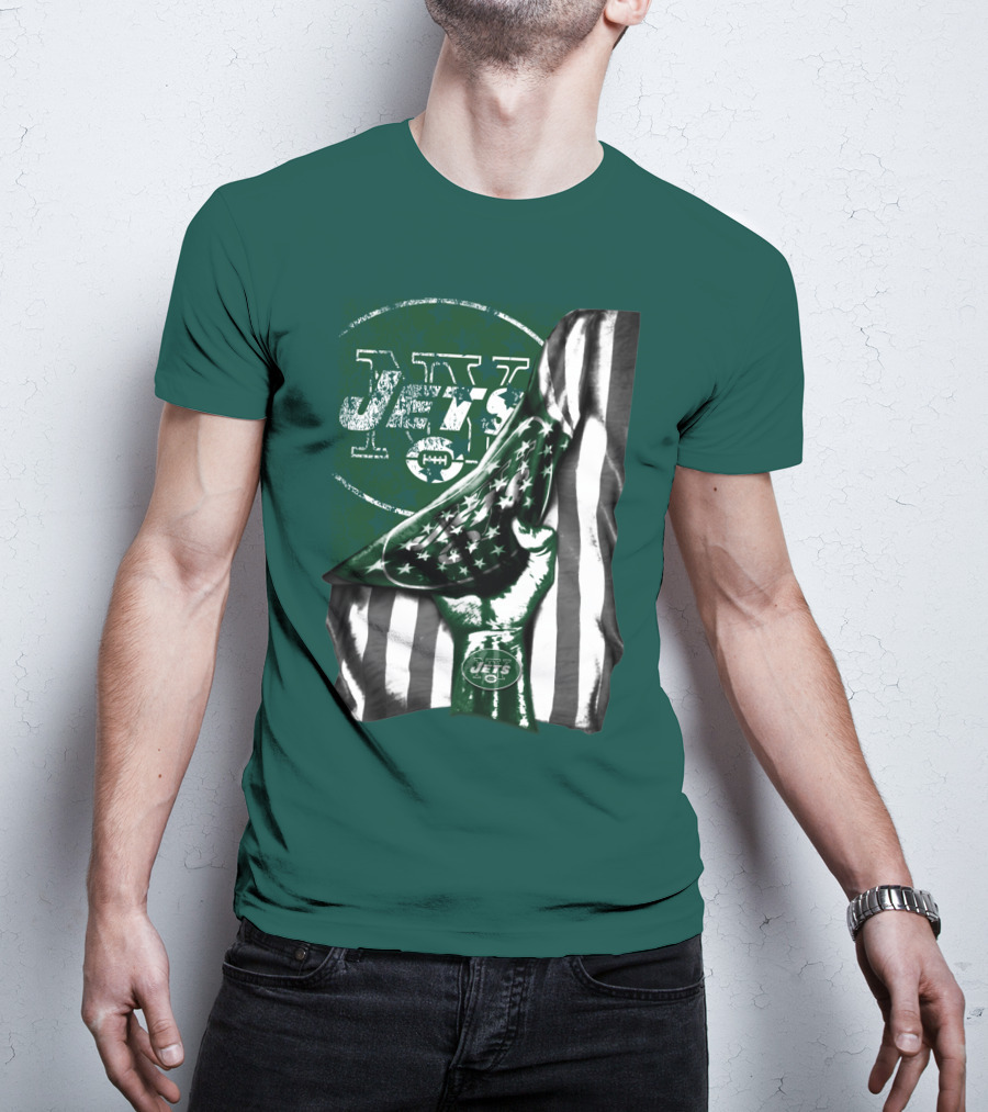 New York Jets Logo With Green And White American Flag And Number One Foam Finger T-Shirt