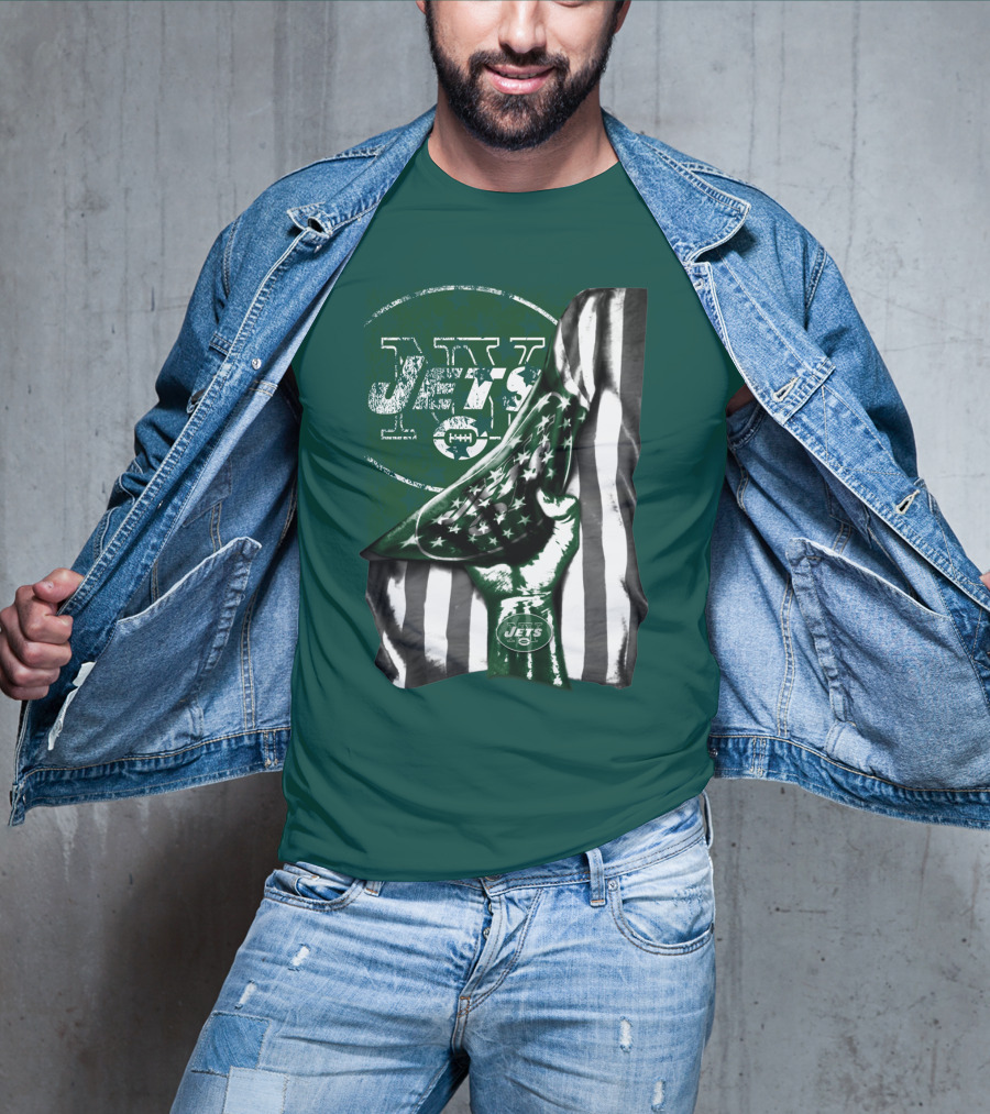 New York Jets Logo With Green And White American Flag And Number One Foam Finger T-Shirt