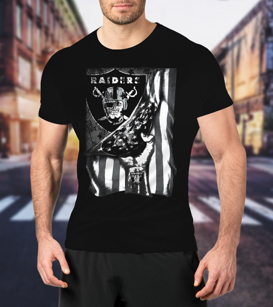Raiders Shield Helmet And Stars Stripes Black And White Tribute T-Shirt