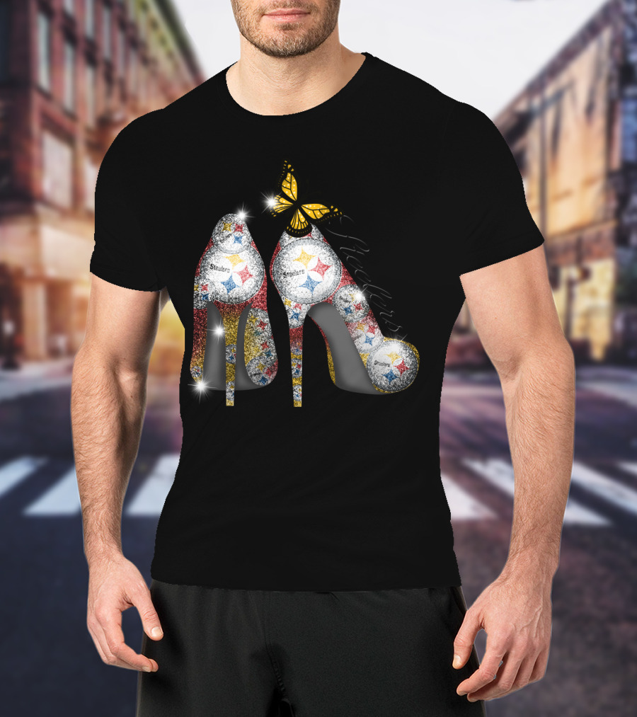Steelers Pittsburgh High Heels With Yellow Butterfly Sparkle T-Shirt