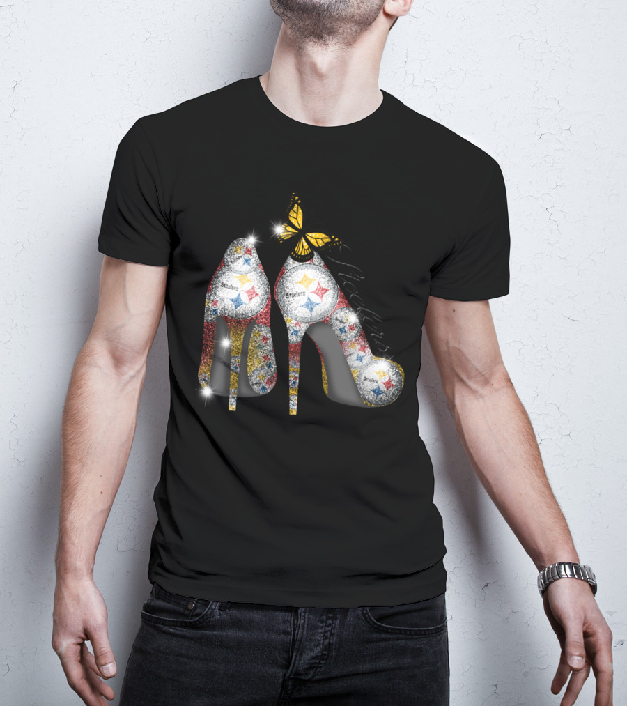Steelers Pittsburgh High Heels With Yellow Butterfly Sparkle T-Shirt
