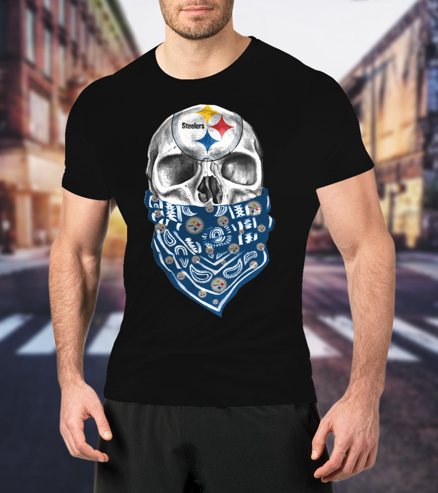 Pittsburgh Steelers Skull Bandana With Team Logo Elements T-Shirt