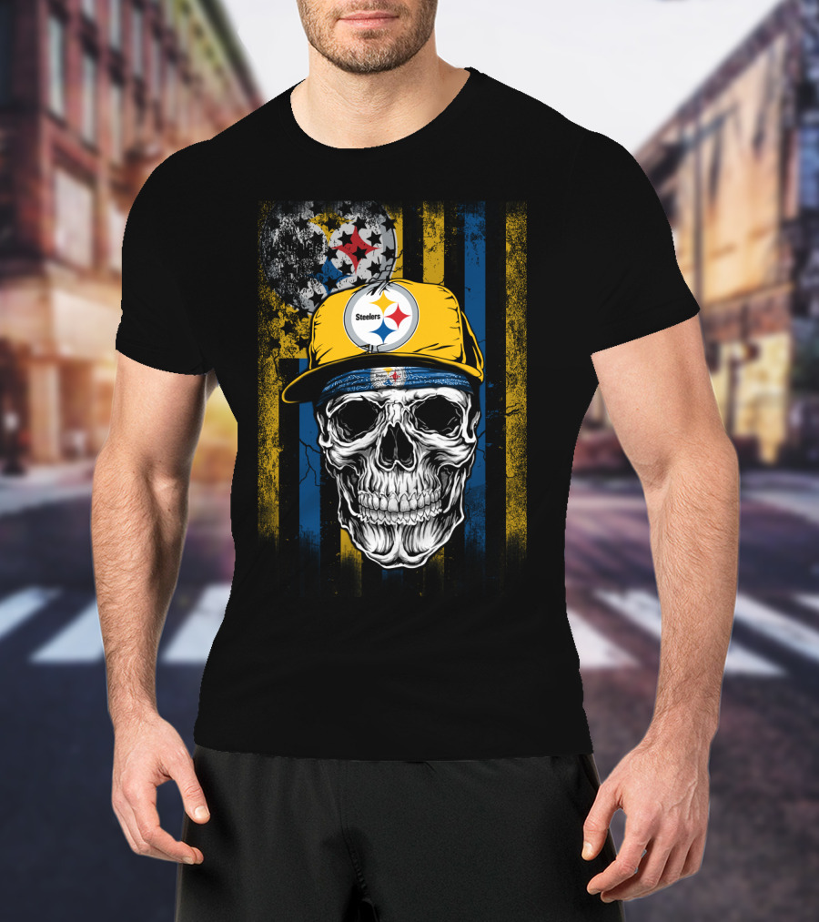 Pittsburgh Steelers Skull With Hat And Black Yellow Stripes T-Shirt