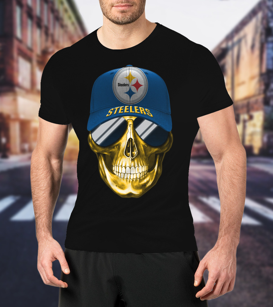 Pittsburgh Steelers Skull Wearing Reflective Sunglasses And Branded Cap T-Shirt