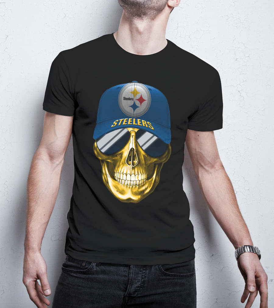 Pittsburgh Steelers Skull Wearing Reflective Sunglasses And Branded Cap T-Shirt