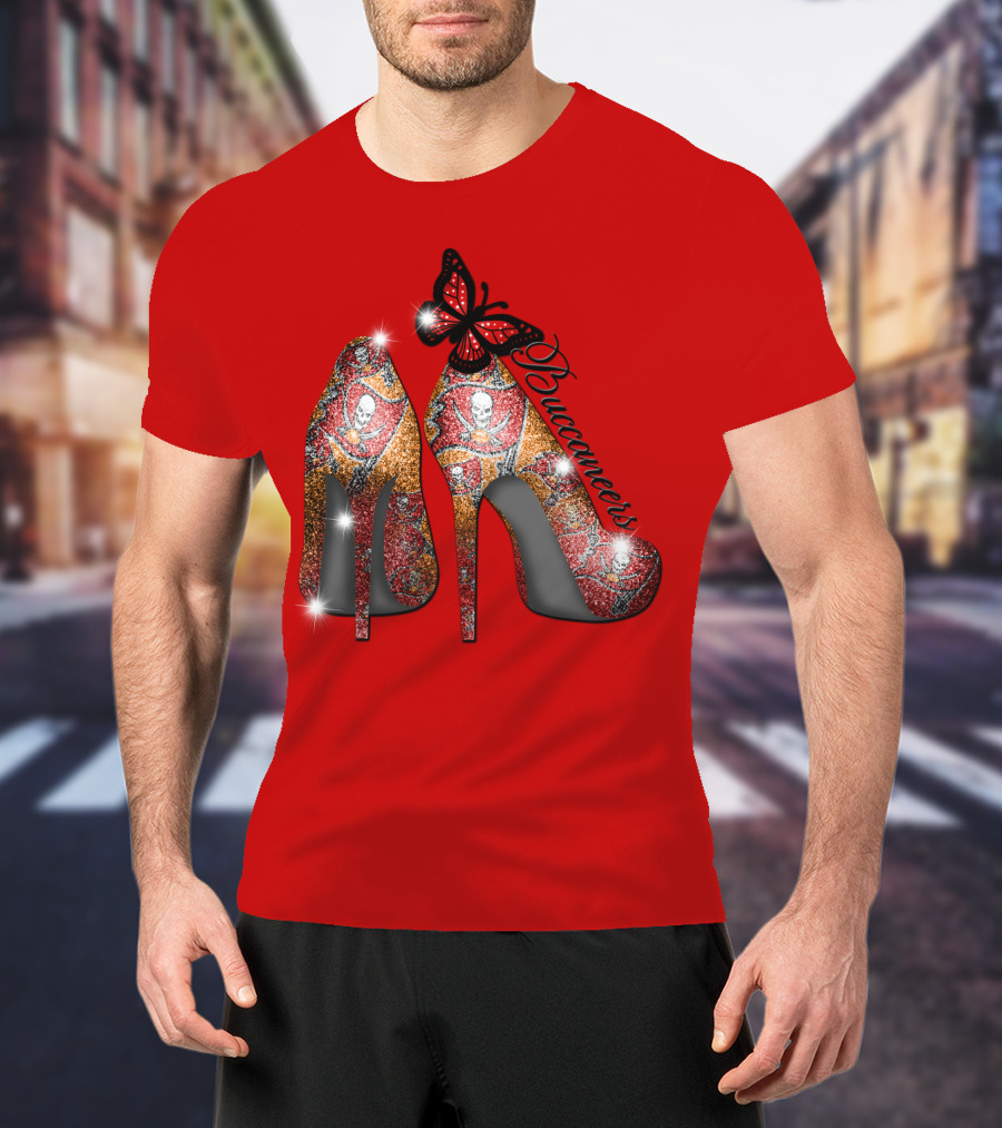 Buccaneers Heels With Red And Gold Skull Pattern Butterfly Accent T-Shirt