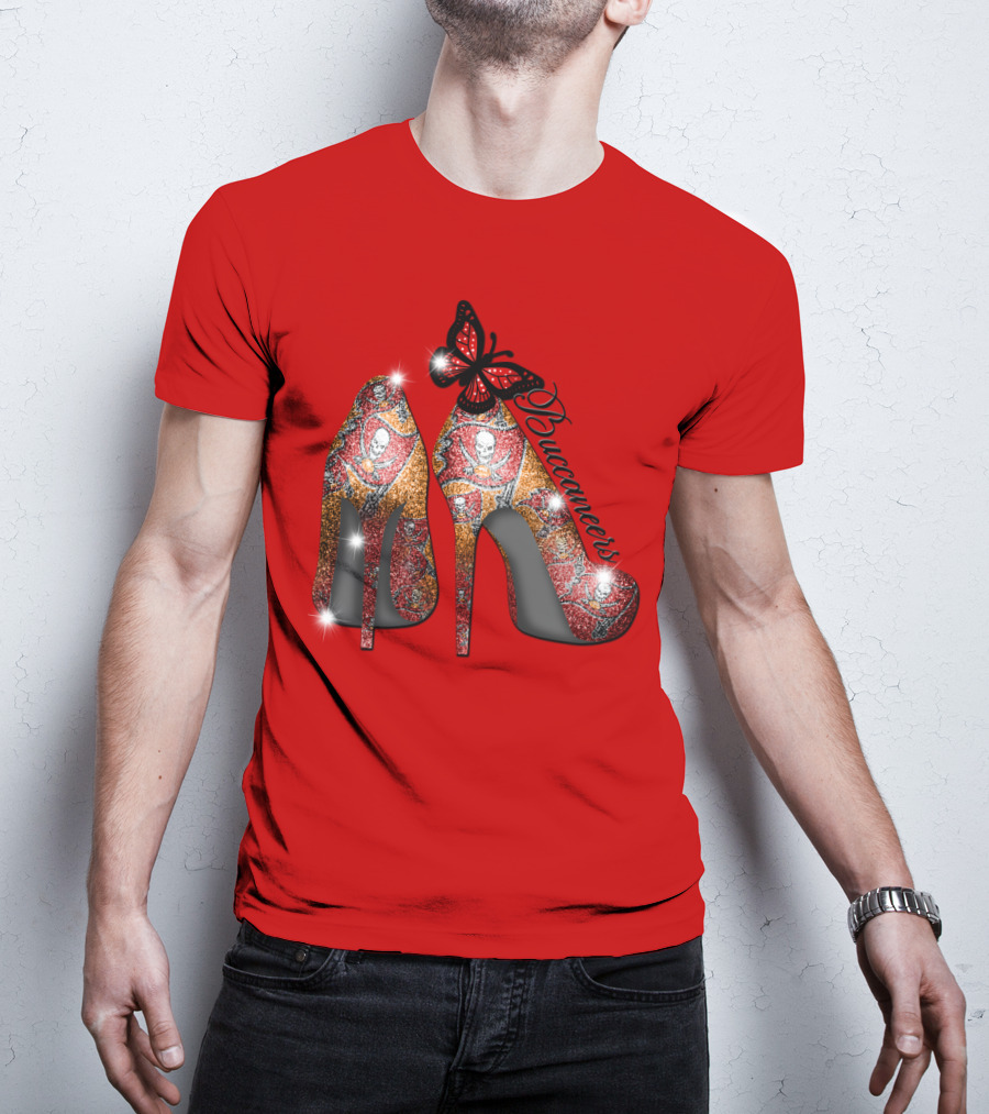 Buccaneers Heels With Red And Gold Skull Pattern Butterfly Accent T-Shirt