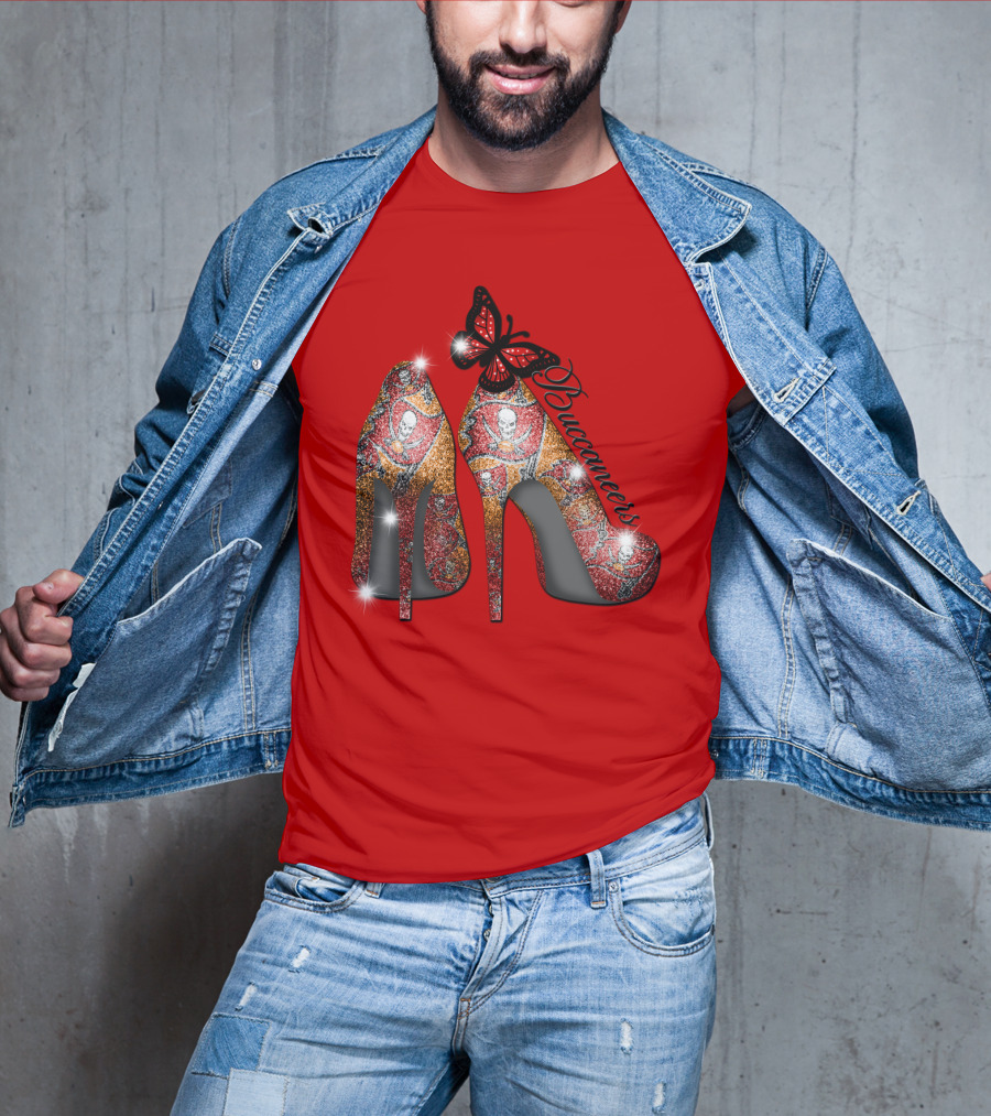 Buccaneers Heels With Red And Gold Skull Pattern Butterfly Accent T-Shirt