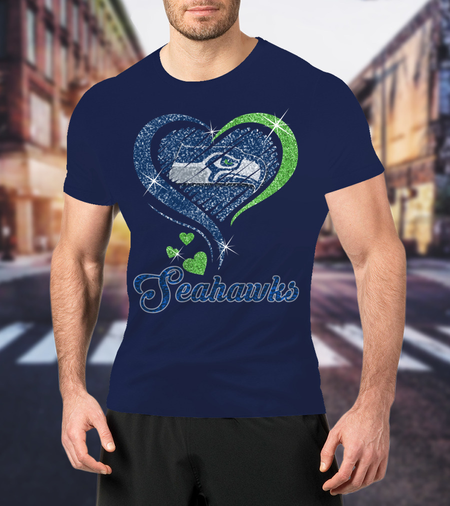Seahawks Heart Logo With Green And Blue Sparkles T-Shirt