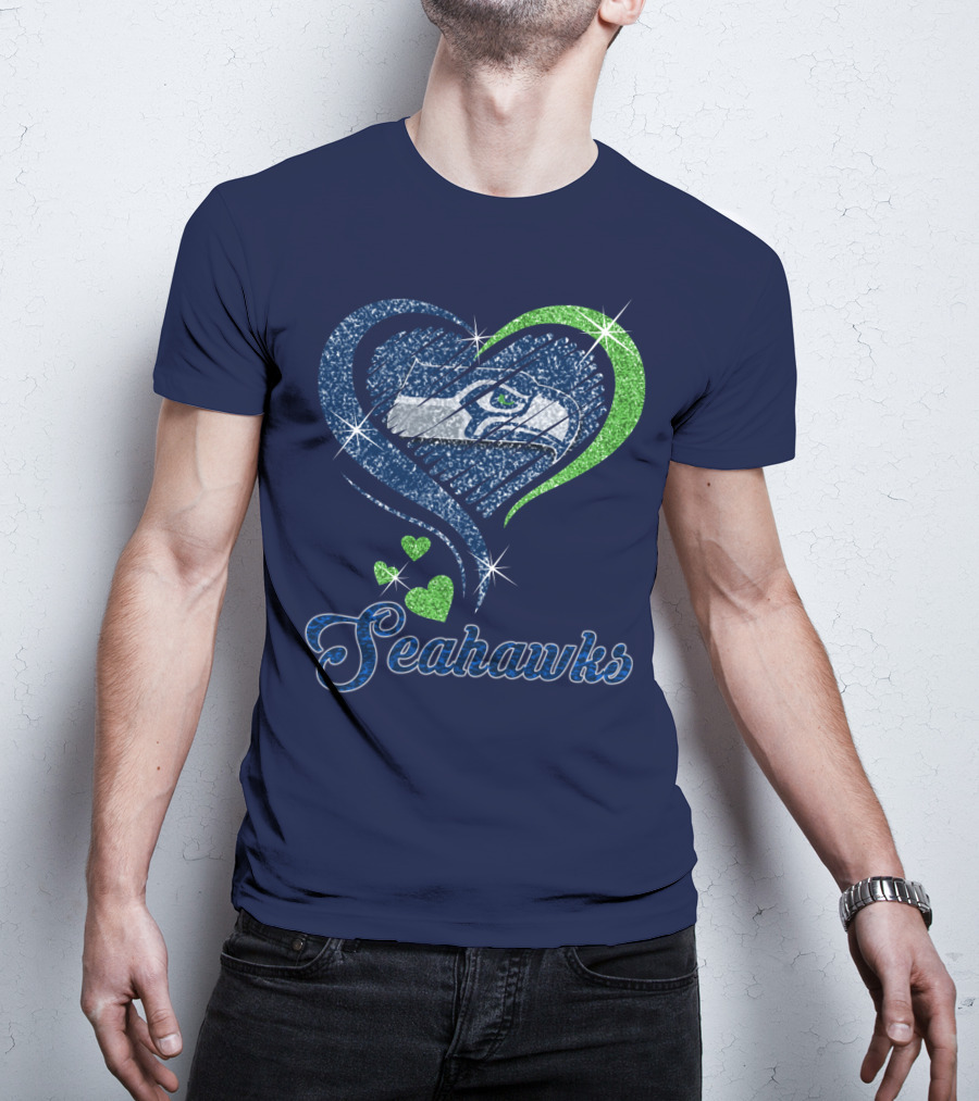 Seahawks Heart Logo With Green And Blue Sparkles T-Shirt