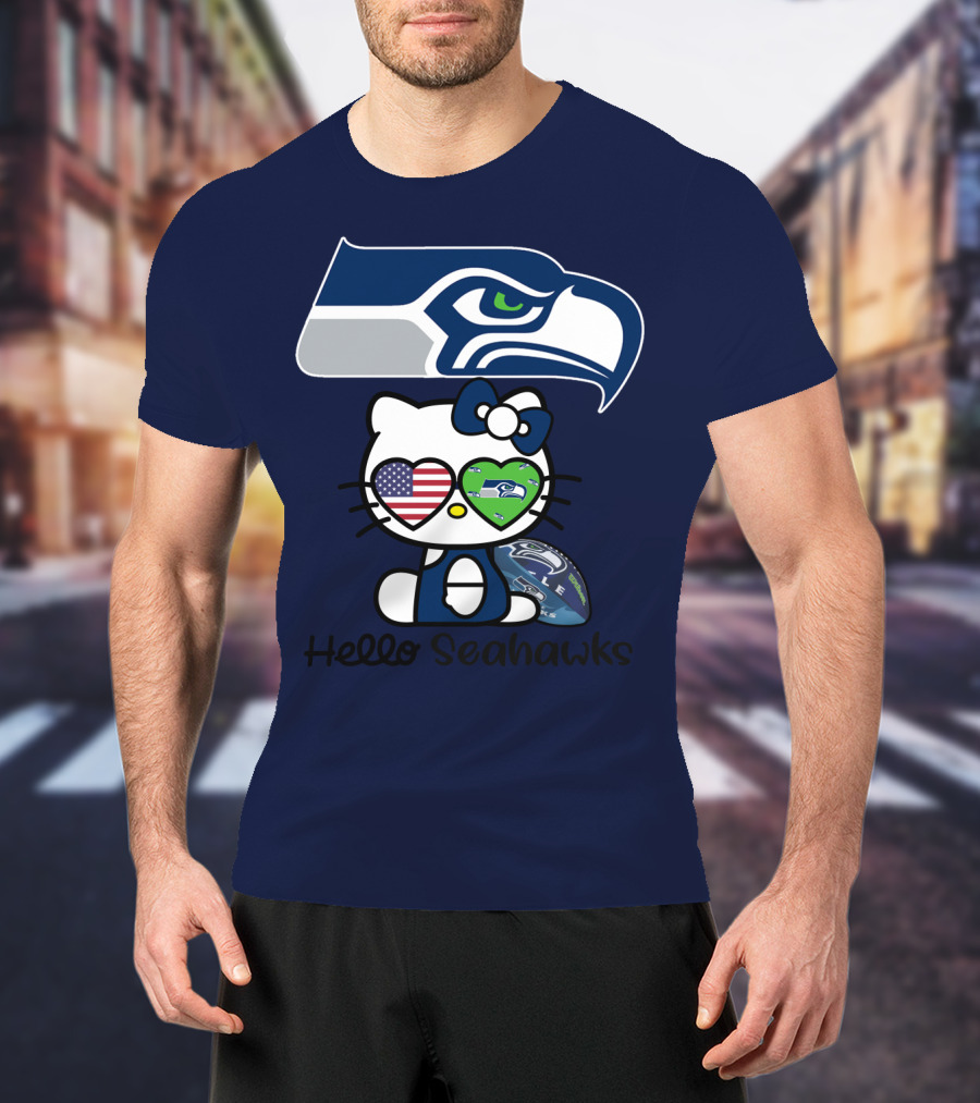 Seattle Seahawks Hello Kitty With Heart Eyes American Flag T-Shirt