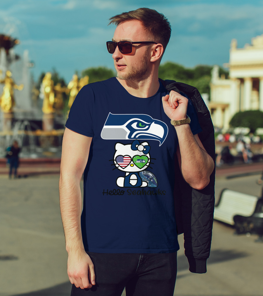 Seattle Seahawks Hello Kitty With Heart Eyes American Flag T-Shirt