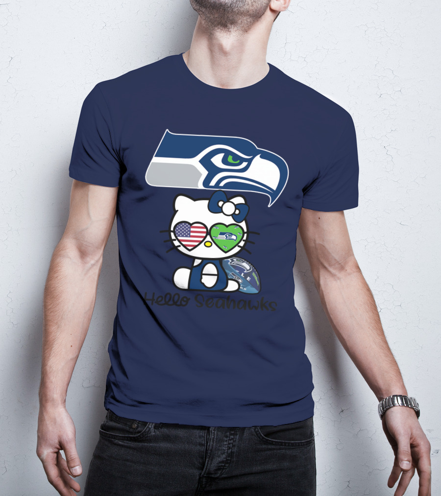 Seattle Seahawks Hello Kitty With Heart Eyes American Flag T-Shirt