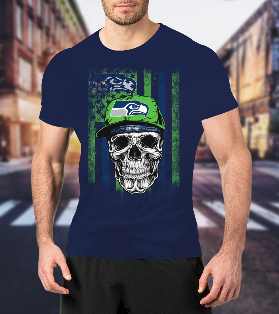 Seattle Seahawks Skull Cap Logo Grunge Style T-Shirt