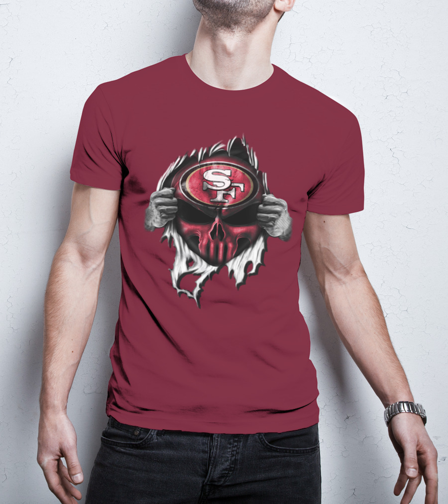 San Francisco 49ers Skull Sf Emblem Red Torn T-Shirt