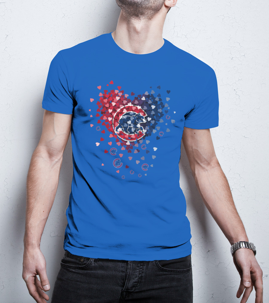 Chicago Cubs Heart Pattern With Bear Logo And Hearts In Red White And Blue T-Shirt