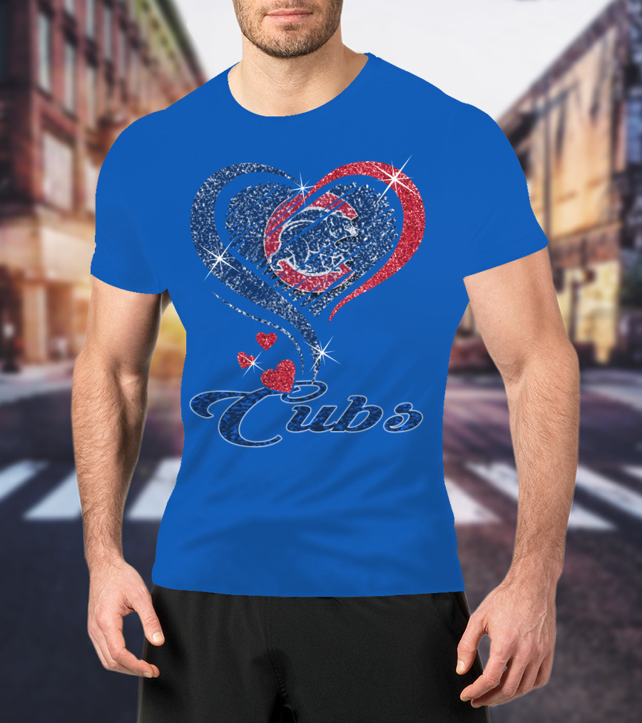 Cubs Sparkling Heart With Chicago Cubs Bear T-Shirt