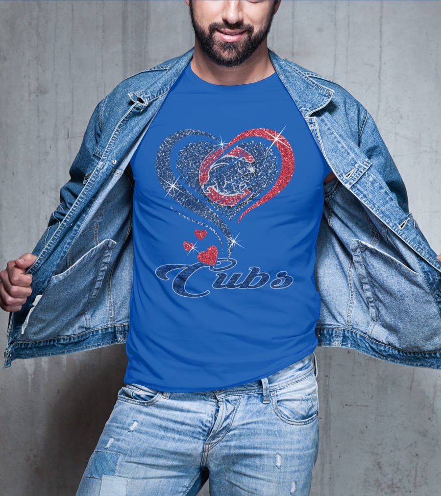 Cubs Sparkling Heart With Chicago Cubs Bear T-Shirt