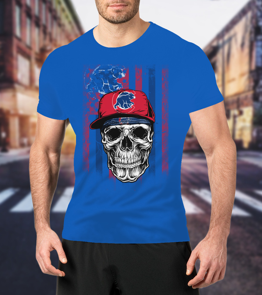 Chicago Cubs Skull With Bear And Cap On Blue T-Shirt