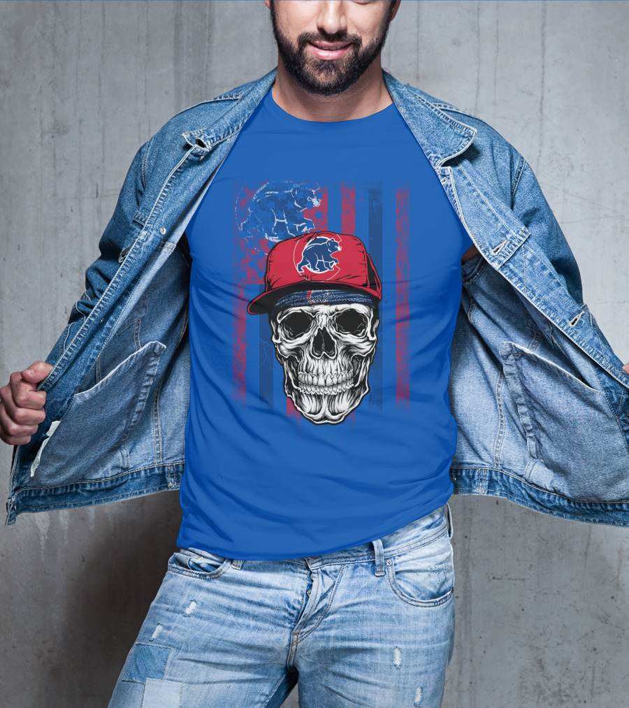 Chicago Cubs Skull With Bear And Cap On Blue T-Shirt