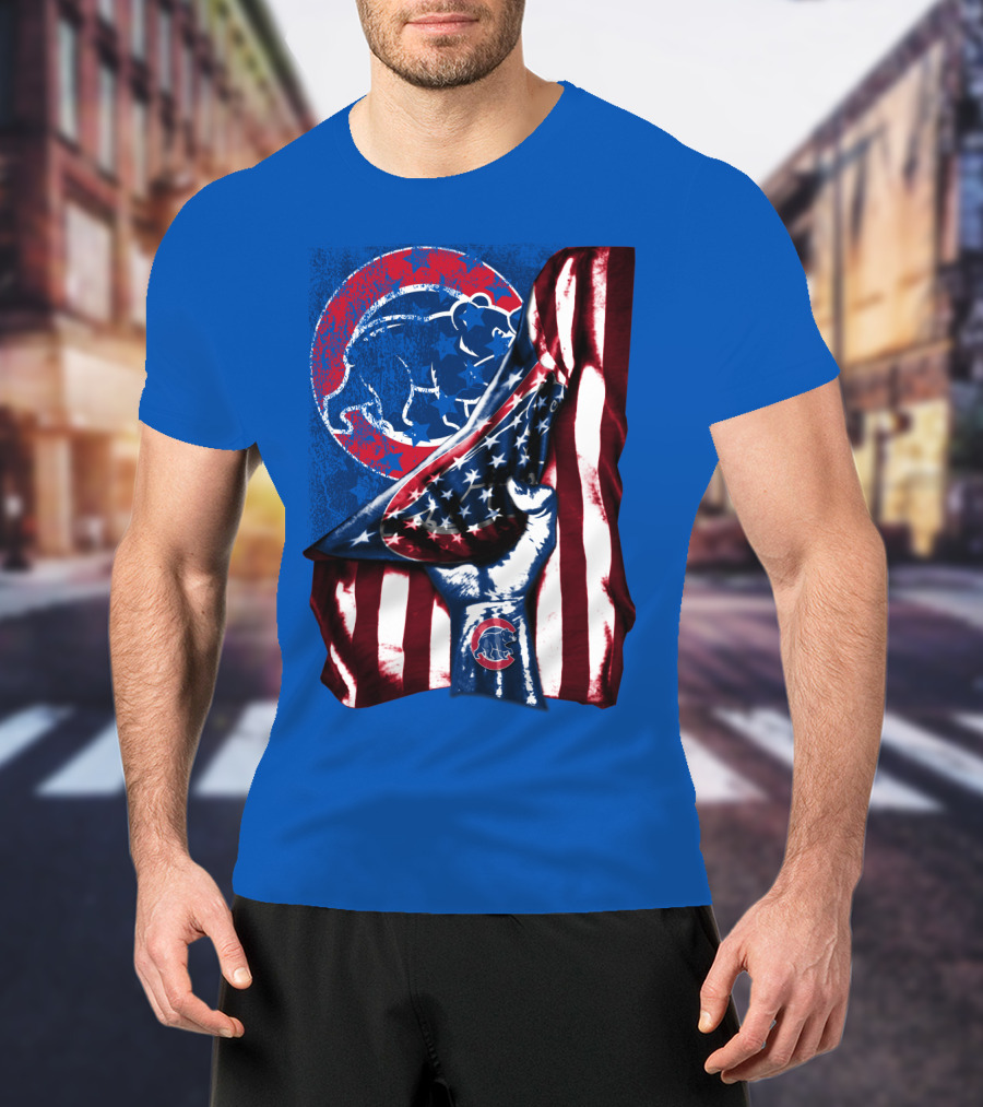 Chicago Cubs American Flag Bear Logo Fist T-Shirt