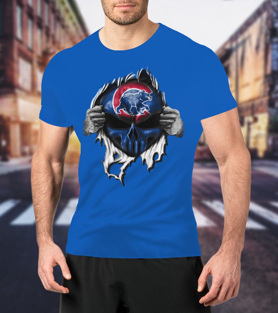 Chicago Cubs Skull Logo With Bear And Red Circle On Blue T-Shirt
