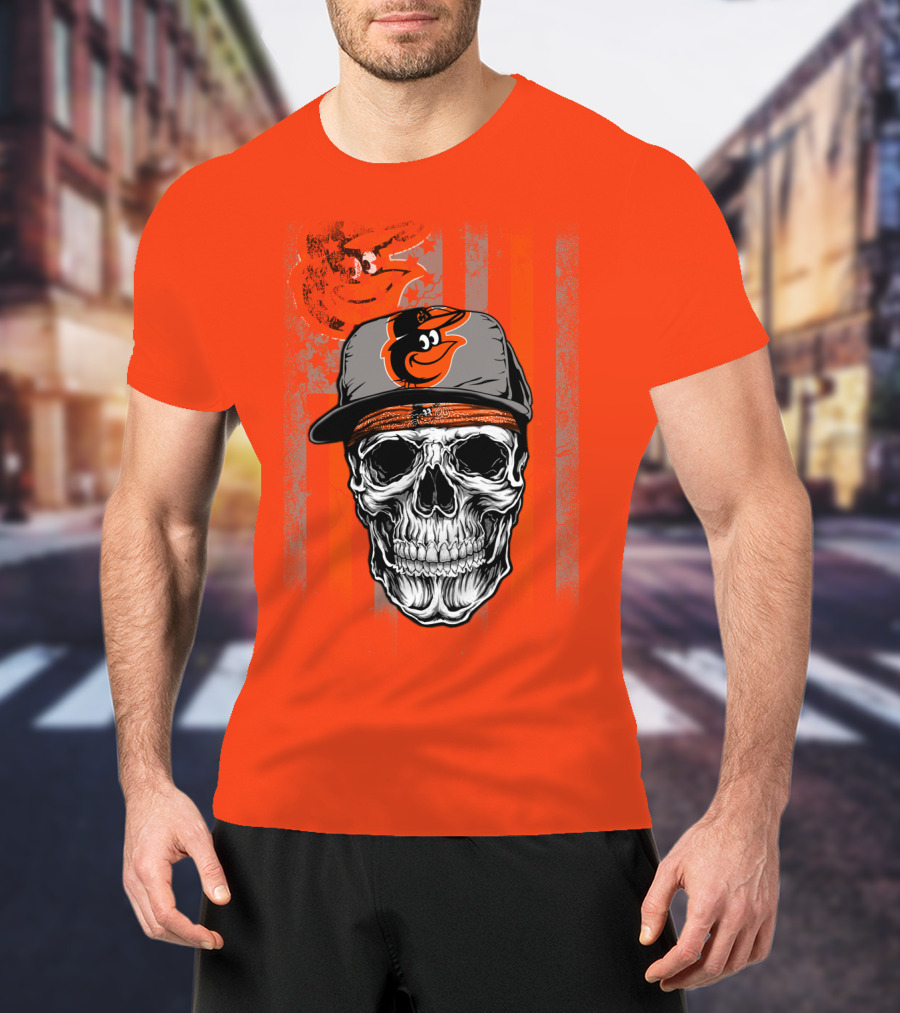 Baltimore Orioles Skull With Cap On Orange T-Shirt