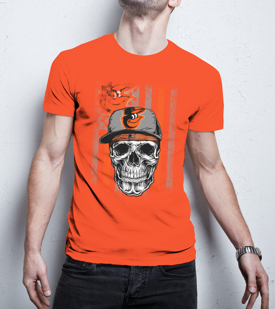 Baltimore Orioles Skull With Cap On Orange T-Shirt