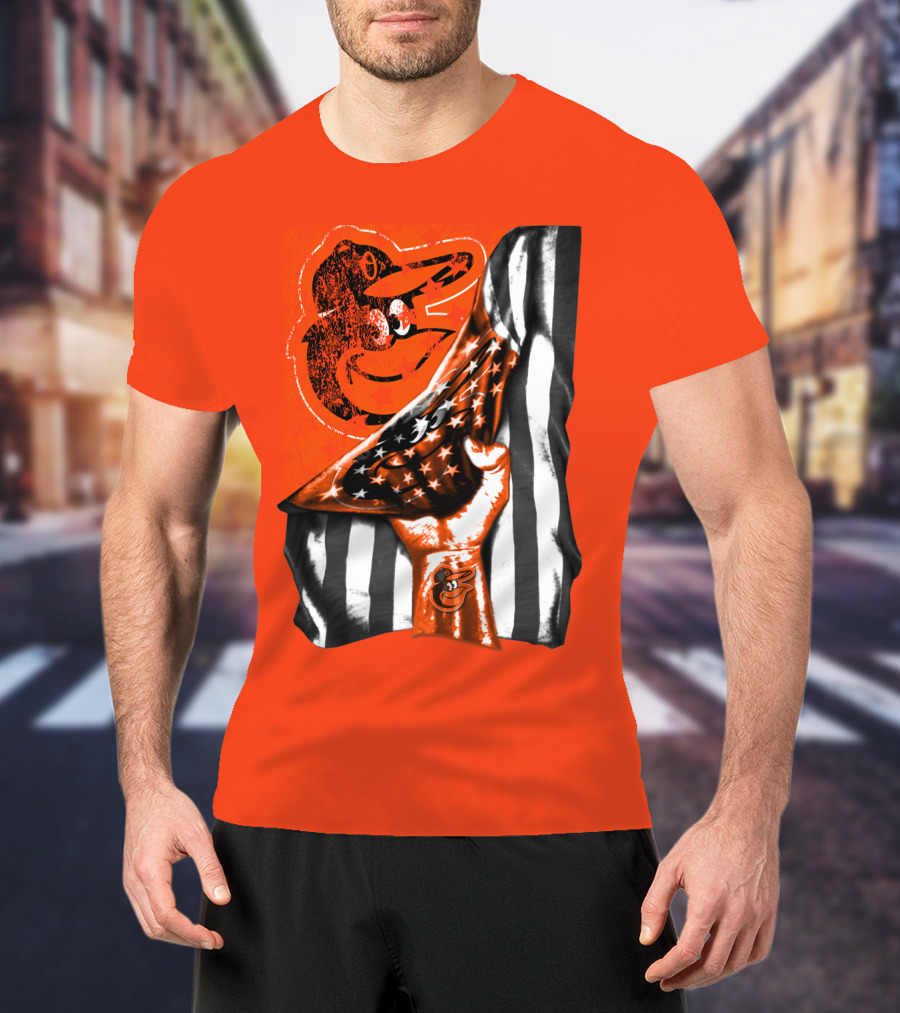 Baltimore Orioles American Flag Fist Logo On Orange T-Shirt