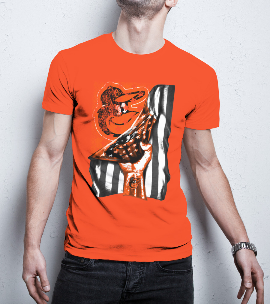 Baltimore Orioles American Flag Fist Logo On Orange T-Shirt