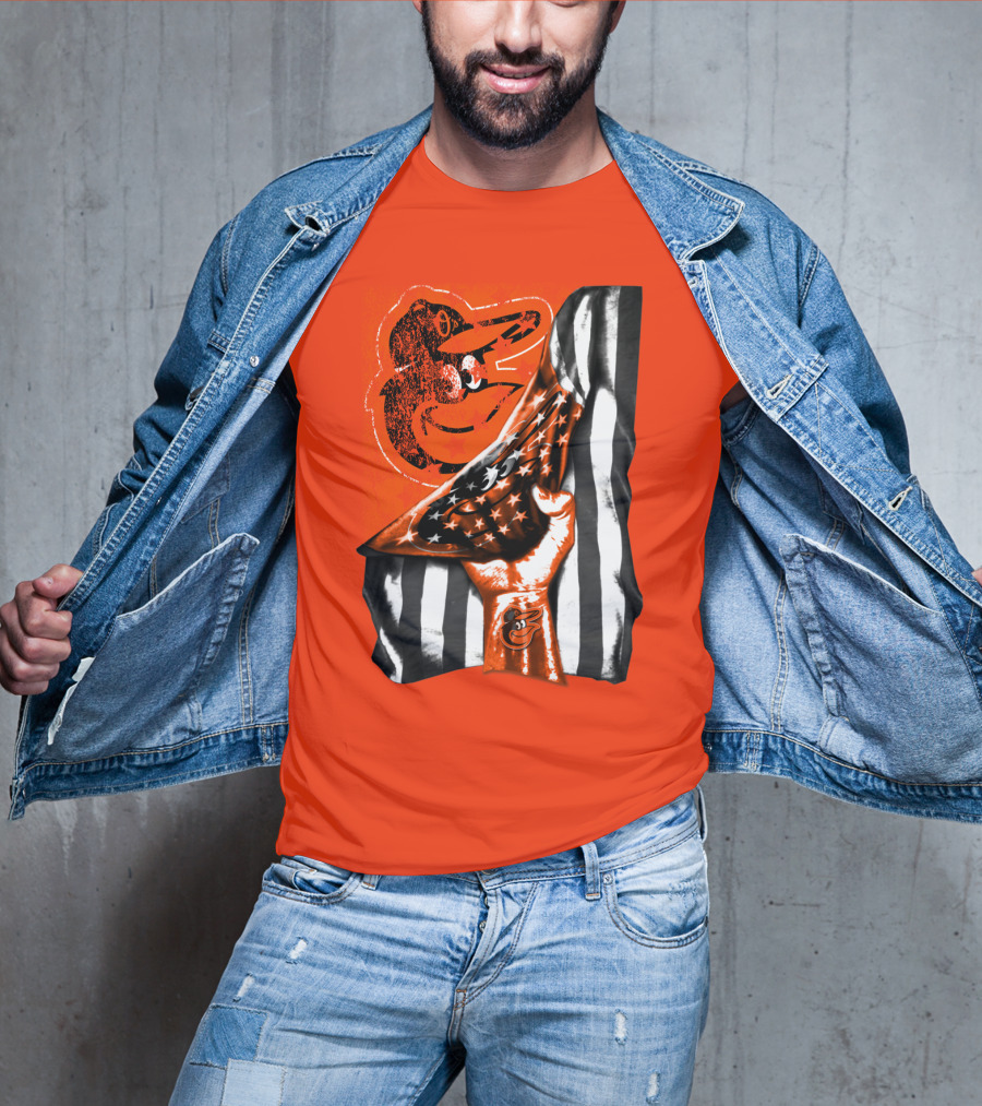 Baltimore Orioles American Flag Fist Logo On Orange T-Shirt