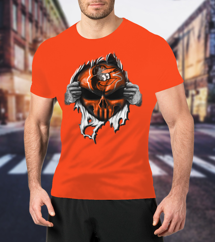 Baltimore Orioles Skull Logo Halloween Rip Effect T-Shirt